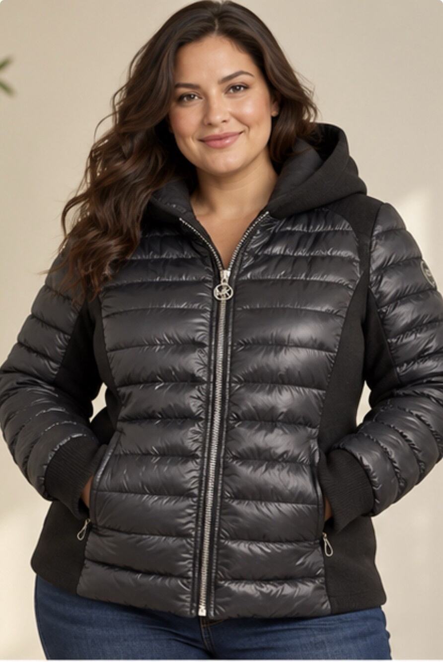 Michael Kors Hybrid Puffer Jacket Womens 2X Black Hooded Quilted Full Zip
